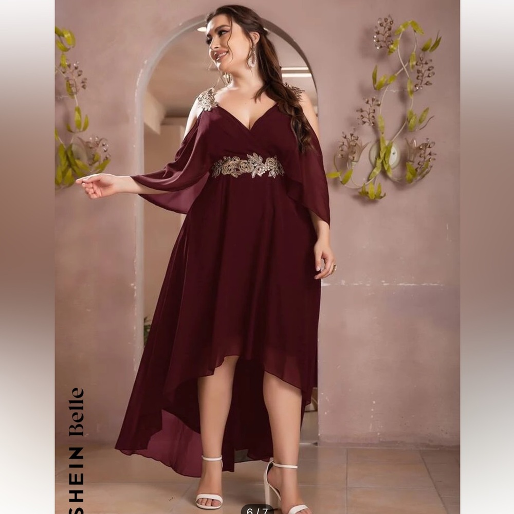 SHEIN Belle Burgundy Appliqué Cold Shoulder High Low Chiffon Dress